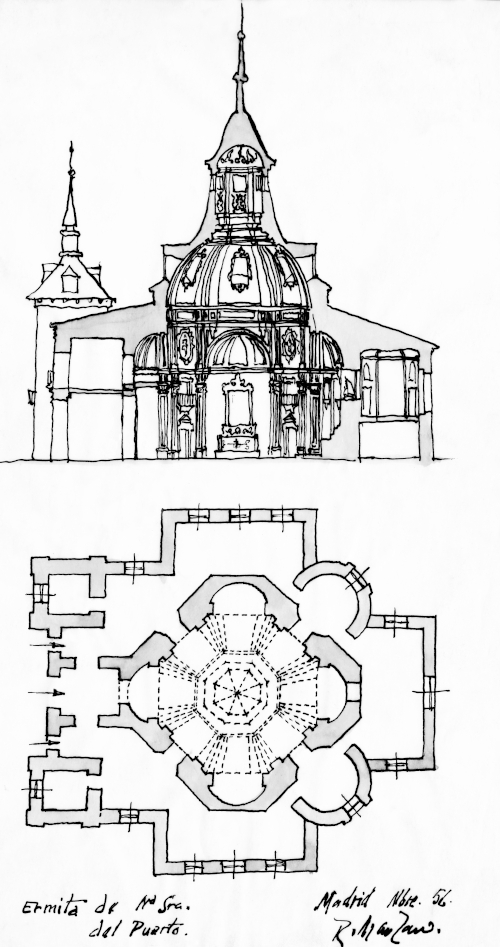 Rafael Manzano, Ermita de Nuestra Señora del Puerto, Madrid, corte y planta, tinta sobre papel, 1956. Cartas barrocas, p. 31
