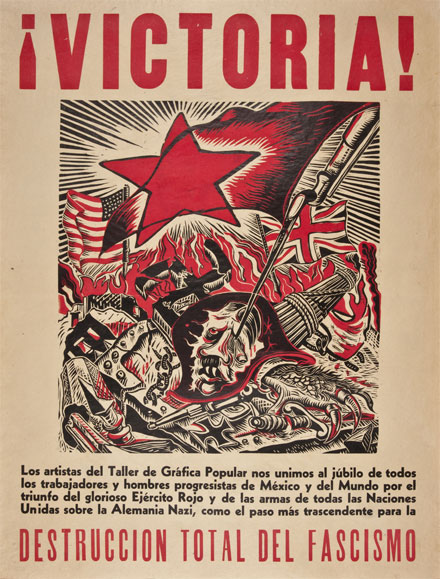 Á. Bracho, ¡Victoria! Los artistas del Taller de Gráfica Popular nos unimos…, 1945, litografía