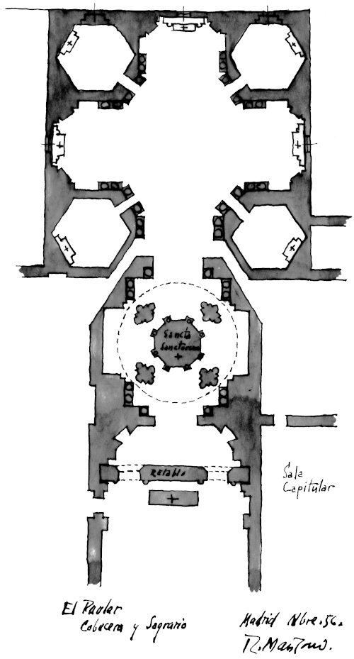 Rafael Manzano, Cabecera y sagrario de la cartuja de Segovia, planta, tinta sobre papel, 1956. Cartas barrocas, p. 164